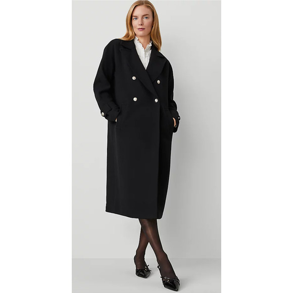 NEW ANN TAYLOR BLACK DOUBLE BREASTED DOLMAN SLEEVE COAT SZ L - Picture 1 of 8